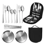 11pcs Stainless Steel Flatware Set for Camping, Hiking & Outdoor Dining - Polished Finish Portable Cutlery Kit with Plates, Spoons, Forks, Travel Utensil Set for Picnics & Backpacking
